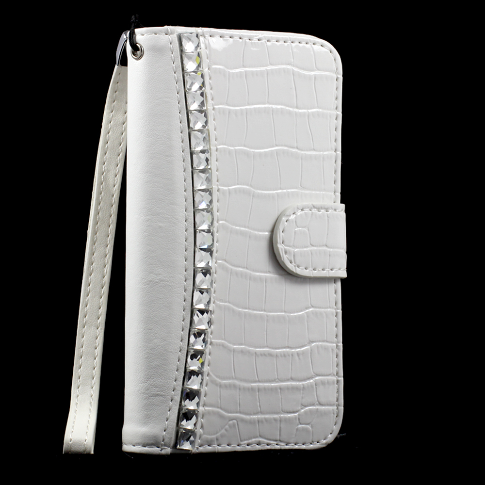 Apple iPhone 5 5S Crystal Bling Flip LEATHER Wallet TPU Case with Strap and Stand (White)